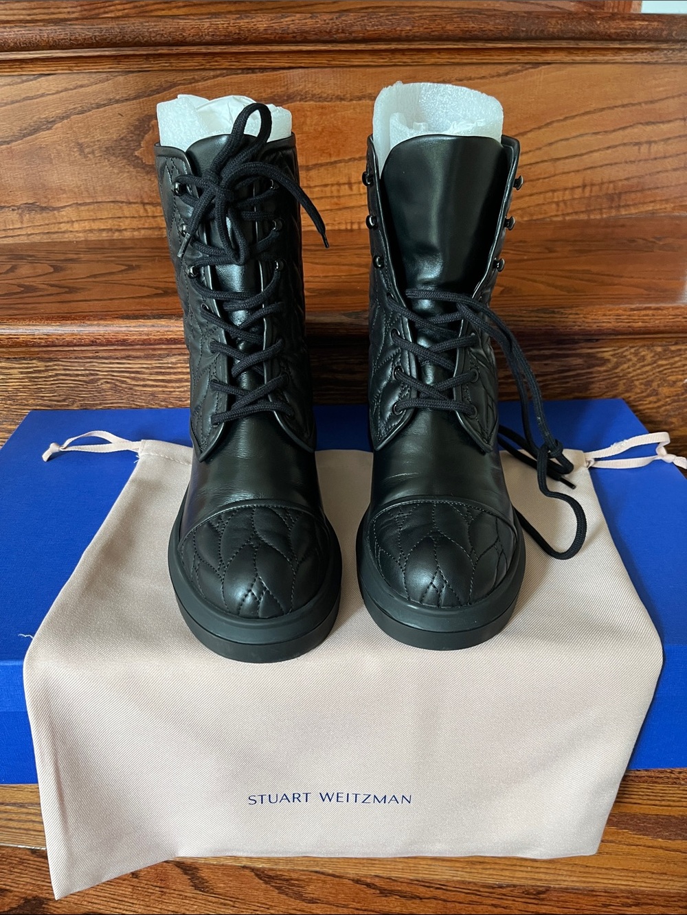 Stuart Weitzman Nisha Quilted Leather Combat Boot Black Size 10